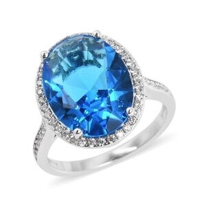 Simulated Aquamarine & Diamond Ring in Silvertone